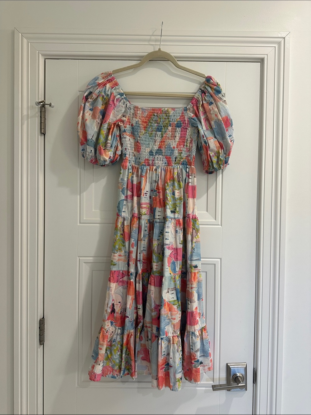 Pinch Multicolor Puff-Sleeve Tiered Midi Dress